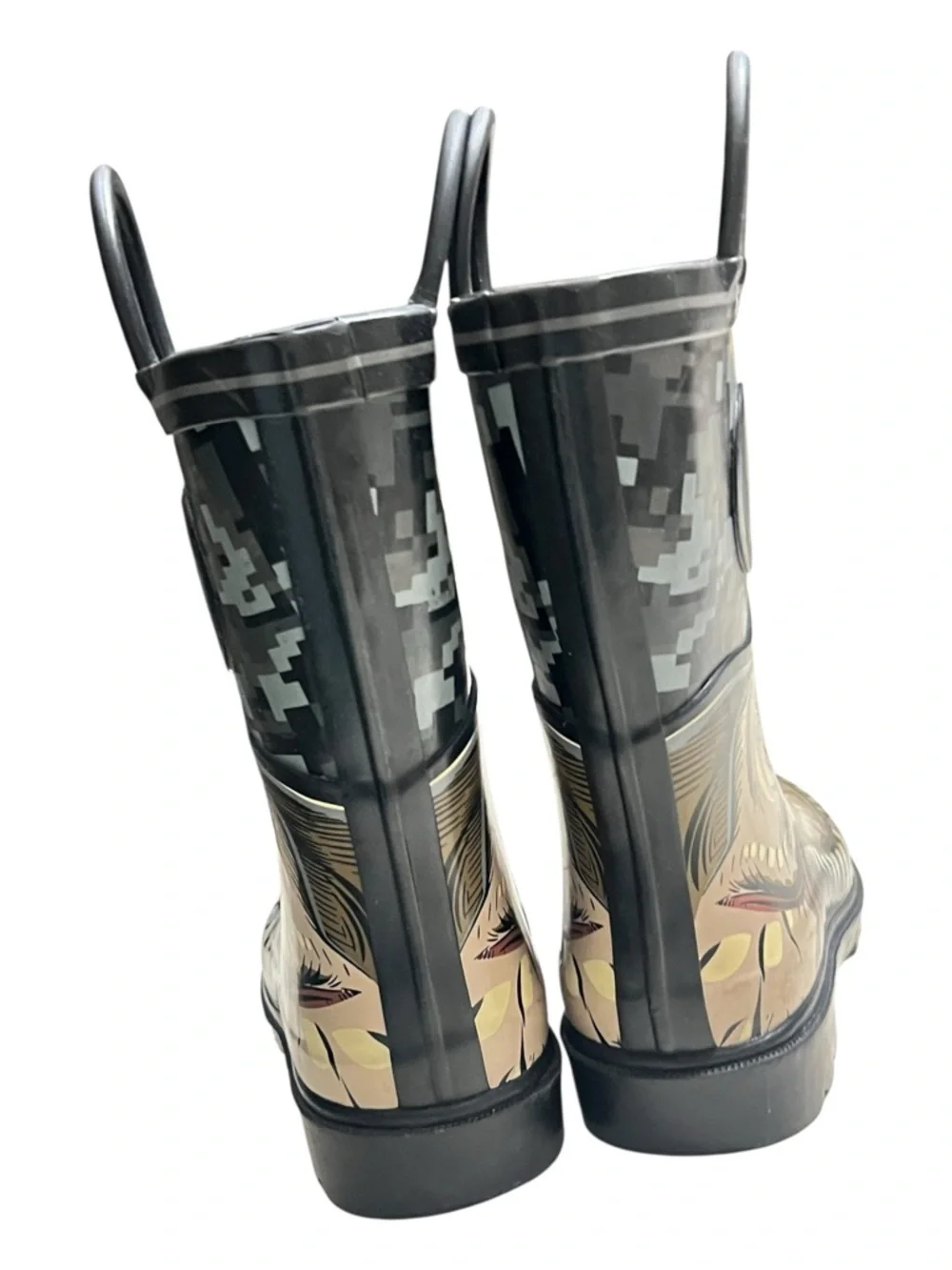Kids Dinosaur Rain Boots with Camouflage Print - Black & Tan Size 12